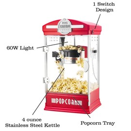 Big Bambino Popcorn Machine – 4 Oz Kettle with 12 Pack of All-In-One Popcorn Kernel Packets, Scoop, and Bags by Great Northern Popcorn (Red)