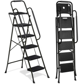 SEGAWE Steel 5 Step Folding Step Ladder Non-Slip Pedal with Tool Tray & Handrails Black