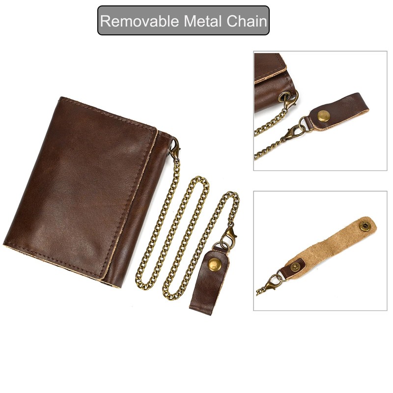 LUUFAN Men's Genuine Leather Short Wallet Trifold Anti-Theft Chain Purse