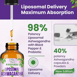 Sagllkli Liposomal Ashwagandha Liquid Drops 2000mg, Ashwagandha Root Extract Supplement (7% Withanolides) with Black Pepper Extract & Probiotics for Focus, Cognition & Energy - 2 FL.OZ (1 Bottle)