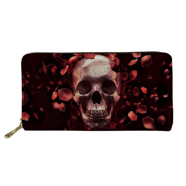 Biyejit Red Flower Skull Print Long Wallet for Women Zipper