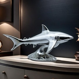 11.8 INCH Shark Statue Electroplate Figurine Decorative Sculpture Resin Collectible Gifts for Shark Lover Office Home Decor Desk Accessories Decoration Tabletop Figurines Outdoor Decor (Silver)
