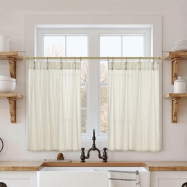 Kitchen Curtains 36 Inch Length for Cafe,Farmhouse Striped Country Style Linen Pinch Pleated Curtains with Hooks for Small Window,Cream Beige Tan