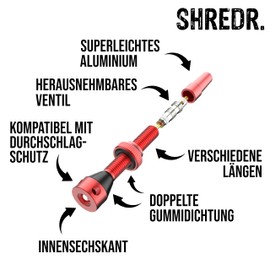 Shredr. Tubeless Valve Set, Red, 44 mm, Presta Valves for Tubeless Tyres, Super Light Aluminium, Red Anodised French Valve, For Normal Rims (44 mm)