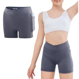 MEJING Girls Athletic Shorts Size 10-12, Grey Biker Volleyball Shorts Cross Waist, Kids Running Yoga Cheer Dance Gymnastics Shorts Pockets