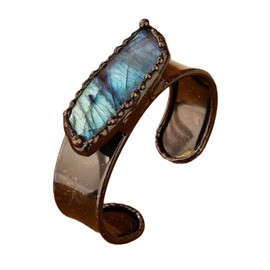 Bigbabybig Chic Natural Labradorite Gemstone Wide Cuff Bangle Bracelet for Women Chunky Trendy Vintage Copper Open Bangles for Womens Jewelry Unique