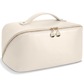 MSTONAL Travel Makeup Bag, Large Capacity Cosmetic Bags for Women, Waterproof Portable Pouch Open Flat Make up Organizer Bag with Dividers and Handle, Toiletry Bag for Essentials, Beige