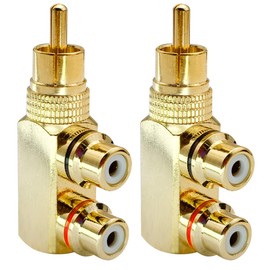 AAOTOKK 1RCA Y Splitter Adapter,Gold-Plated 90 Degree Right Angle 1RCA Male to 2RCA Female Jack Audio Video Y Splitter AV TV Adapters Metal Connector (2 Pack)