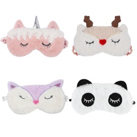 Pack of 4 Children's Sleeping Masks, 4 Patterns Sleeping Mask, Funny Plush Blindfold, Eye Mask, Animal, Soft, Comfortable for Children, Girls, Boys, Adults