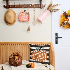 GEEORY Fall Pillow Cover 18 x 18 Inch, Striped Polka Dots Pumpkin Orange Decorative Throw Pillowcase Farmhouse Thanksgiving Holiday Decor Cushion Case Indoor Decoration for Home Sofa Couch G0117-18