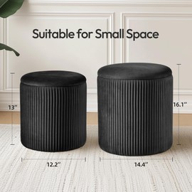 infurnic Ottoman with Storage Set of 2, Velvet Round Storage Ottoman, Upholstered Sponge Vanity Stool Support 300lbs, Multifunctional Coffee Table Foot Rest Ottoman for Living Room Bedroom, Black