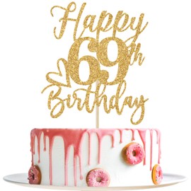 Decoración para tartas de feliz cumpleaños 69, decoraciones de cumpleaños 69 para hombres/mujeres, saludos a 69 años, Hello 69, suministros para fiesta de feliz cumpleaños 69, suministros de purpurina dorada