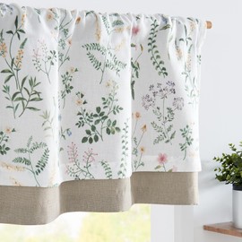 TOPICK Linen Blend Valance Curtain Floral Small Window Curtain Double Layer Blackout Cafe Curtains for Kitchen Living Room Bedroom Bathroom 18 Inch Rod Pocket 1 Panel Green on White