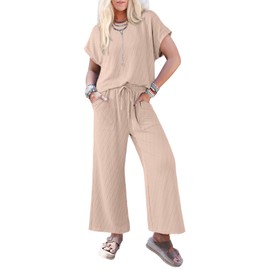 Dokotoo 2 Piece Sets for Women Summer Fashion 2025 Casual Crew Neck Short Sleeve Tops Matching Lounge Sets Comfy Solid High Waist Drawstring Wide Leg Pant with Pockets Ladies Sweatsuit Khaki L