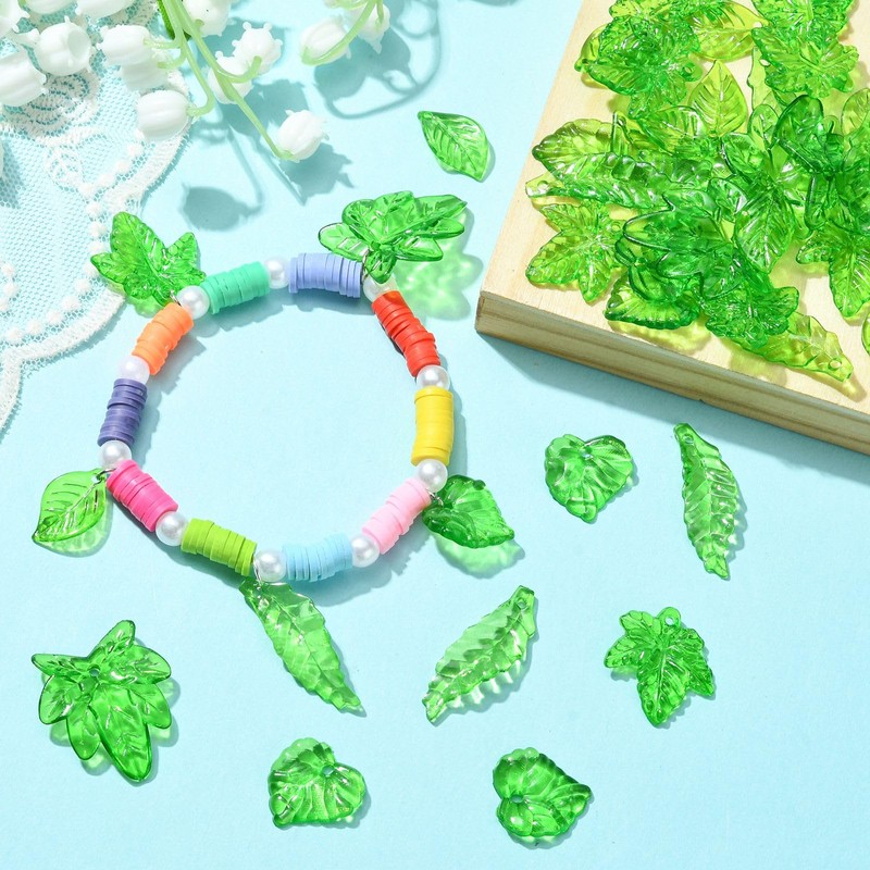 KitBeads 200pcs Random Acrylic Leaf Charms Transparent Green Leaf Charms