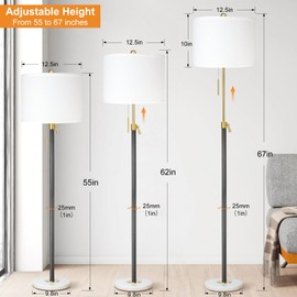 Floor Lamp for Living Room Adjustable Tall Standing Lamp, 3-Way Dimmable Floor Lamp for Bedroom Office, Black Gold Lamp with Marble Base and White Linen Shade