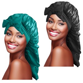 2 Pcs Extra Long Bonnet Silk Sleep Cap, Silk Hair Bonnet Shower Cap Adjustable Satin Sleep Cap Satin Bonnet for Women Girls Black Curly Hair(Black+Green)