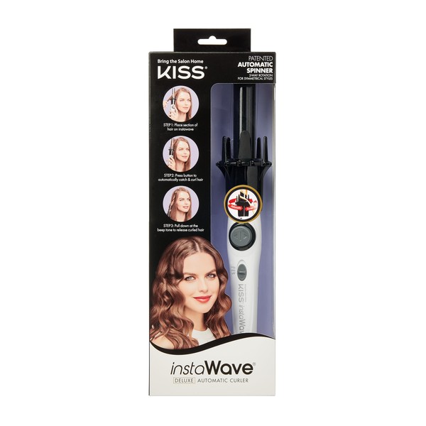 KISS Instawave Deluxe Automatic Rotating Curling Iron, Patented Automotic Spinner, 2-Way Rotation, 1” Ceramic Ionic Wand, Dual Heat Settings, 420° Max Temperature, Black & White