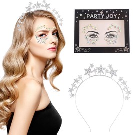 AYNKH 2 Pcs Silver Rhinestone Star Hairband with Sparkling Face Rhinestone Tattoo, Dimensional Star Hairband for Carnival Wedding Prom Party Headpieces