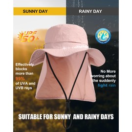 Waterproof Sun Hat for Women Mens Rain Hat Packable UPF50+ Bucket Safari Outdoor Fishing Hat with Removable Neck Flap Pink