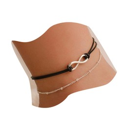 Anglacesmade Bohemia Layered Black Leather Anklet Infinity Knot Charm Pendant Foot Chain Boho Beach Foot Jewelry for Women