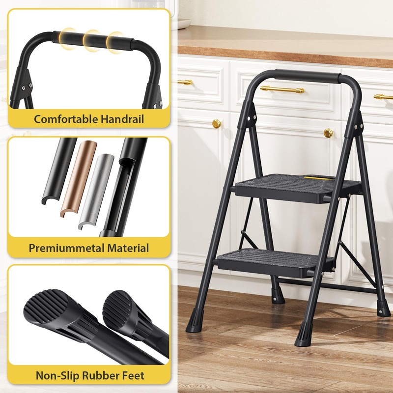 KINGRACK 2 Step Ladder, Sturdy Steel Step Stool with Anti-Slip