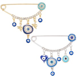 WEBEEDY 2 Styles Evil Eye Brooch Pins Rhinestone Safety Pins Alloy Lapel Pins for Women Men, Decorative Pins for Clothing Suit Dress Sweater Anniversary Evil Eye Gift for Good Luck, Golden/Silver