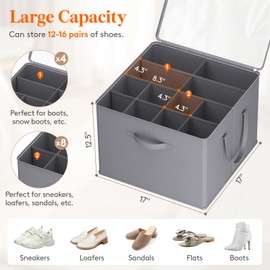 Lifewit Shoe Storage Organizer for Closet, Fits 12-16 Pairs, Large Shoe Box Storage Containers with Clear Cover and Reinforced Handles, Foldable Storage Bins Fits for Boots Heels Sneakers, 2 Pack Gray