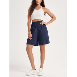 ODODOS Women's Wide Leg Lounge Shorts with Pockets Lightweight Soft Relaxed Casual Pajama Bottom-8" Inseam, Navy, Large