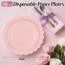 50 platos de papel rosa de 9 pulgadas, platos de papel festoneados desechables para tartas de postre para cumpleaños, baby shower, boda, fiesta, suministros decorativos (rosa, 9 pulgadas)