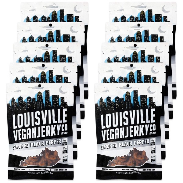 Louisville Vegan Jerky - Smoked Black Pepper, Vegetarian & Vegan-Friendly Jerky, 21 Grams of Non-GMO Soy Protein, 240 Calories Per Bag, Gluten-Free Ingredients (3 oz, 10-Pack)