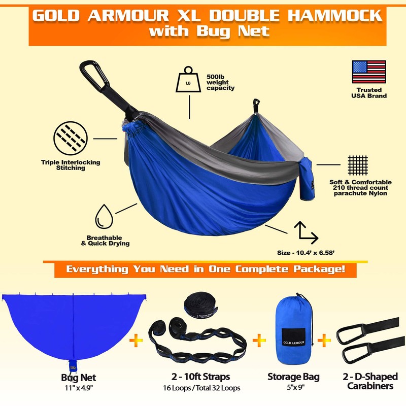 Gold Armour Camping Hammock with Bug Net - XL Double