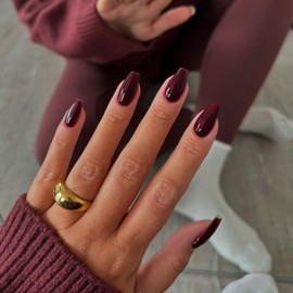 KQueenest Dark Red Press on Nails Short Medium Coffin, Burgundy Maroon Fake Nails Nails Press ons, Perfectly Fit, Short Ballerina Glue on Nails For Women Finger Decoration 24 Pcs