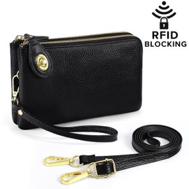 YALUXE RFID Blocking Women's Wristlet Purse Genuine Leather Small Clutch with Two Zipper Pockets, Wrist & Shoulder Strap