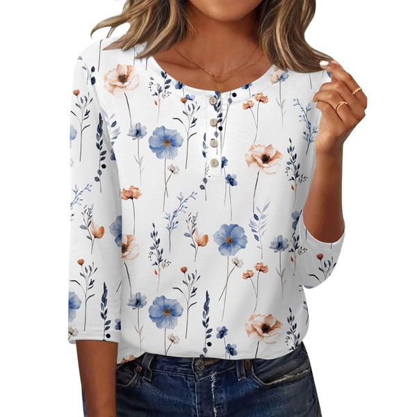 Zeagoo Women's Summer Crew Neck 3/4 Sleeve Shirts White Flower