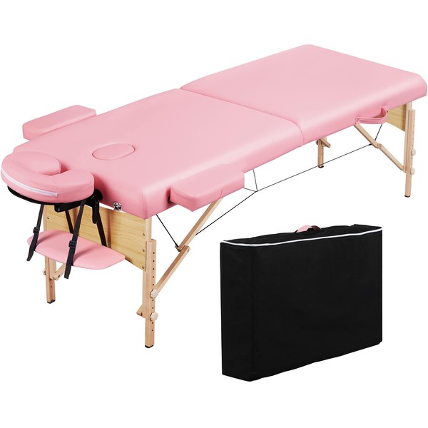 Topeakmart 28" Wide Portable Massage Table Massage Bed Spa Bed Therapy Table Collapsable Treatment Table Height Adjustable Salon Bed Pink