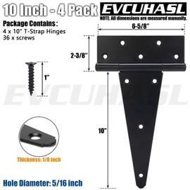 EVCUHASL 10 Inch T-Strap Gate Hinges, Shed Barn Door Hinges Heavy Duty, Black Tee Hinges for Wooden Fences, Yard Gate, Wrought Hardware Iron Rustproof (4 Pack/Set)