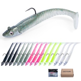 Goture Soft Lure, Flounder Set, Jig Head, with Treble Hooks, Worm, Soft Lure, Sea Bass, Flour, Raille, Blue, Freshwater and Saltwater Fishing, 15 Pieces