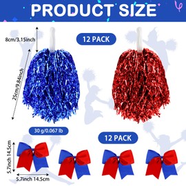WATUNID Pack of 24 Cheerleader Pompoms with Baton Handle, Metal Foil Pom Poms Cheerleading with Large Hair Bow, Pompoms Cheerleader for School, Sports, Dance, Carnival Parties, Competition (Blue, Red)