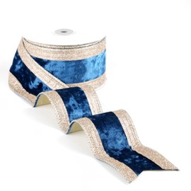 LIZLOVESS Navy and Champagne Gold Velvet Wired Ribbon 2.5" X 10 Yards Navy Velvet with Champagne Gold Glitter Border Stripe Christmas Ribbon for Tree, Wreath Supplies, Garlands Making