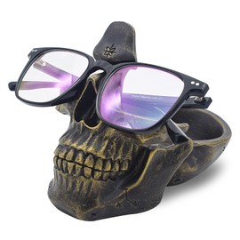 VIPbuy Skull Glasses Holder Stand with Storage Tray Novelty Eyeglass Holder Rack for Nightstand, Resin Skull Head Sculpture Statue Home Office Desk Decor Gift (Bronze)