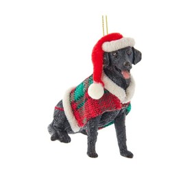 Black Labrador with Plaid Coat and Santa Hat Ornament