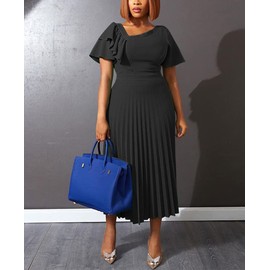 AOMEI Women's Black Short Sleeve Asymmetrical Ruffles High Waist Pleated Hem Midi Spring Dress (2XL,XX-Large)