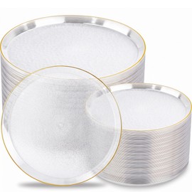 Nervure 100PCS Clear Gold Plastic Plates,Gold Disposable Plates Heavy Duty,Frosted Grain Base Includes 50Pcs 10 inch Dinner Plate & 50Pcs 7 inch Dessert Plate for Weddings,Parties and Events