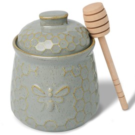 QUXIJA Ceramic Honey Jar with Dipper and Lid 10oz, Honey Pot (Vintage Grey)