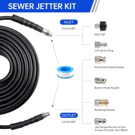 Sewer Jetter Kit 50FT for Pressure Washer, Pressure Washer Drain Jetter with 5800PSI Cleaner Hose 1/4 Inch NPT, Corner, Rotating & Button Nose Sewer Jetting Nozzle Spanner Waterproof Tape Pearl Pin