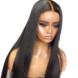 BEEOS Wear and Go 5x5 SKINLIK Real HD Lace Closure Wig, Pre-cut Lace Pre-plucked Bleached Knots 0.10mm Ultra-thin Invisible Lace 180% Density Glueless Straight Human Hair Wig 18 Inch