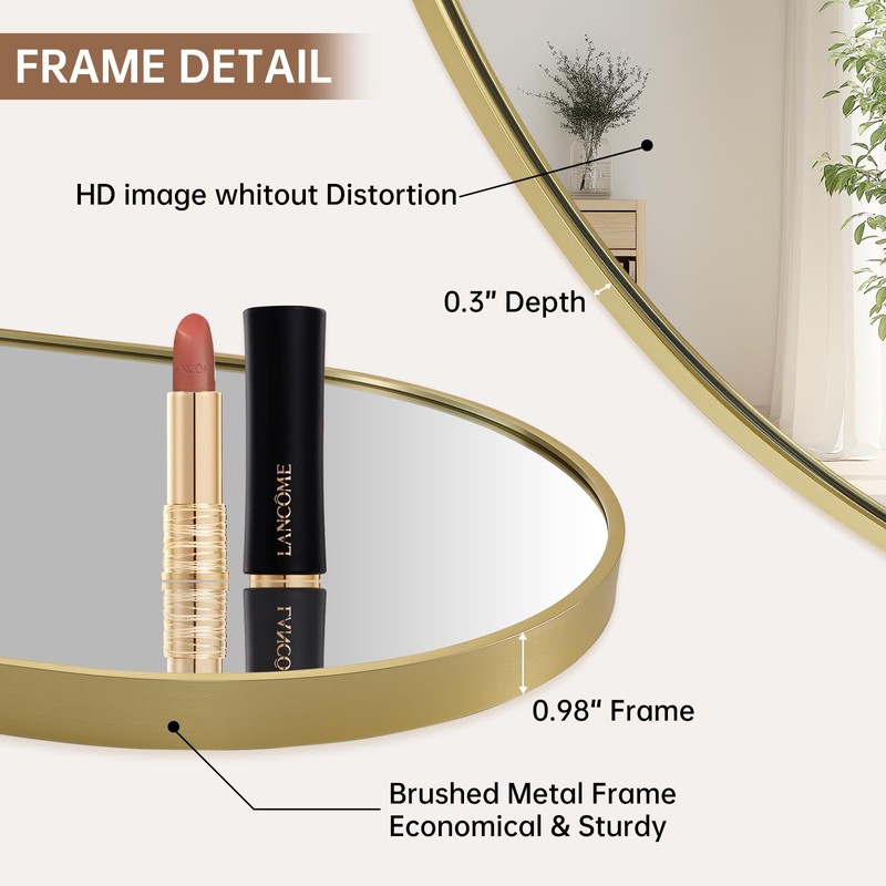 JENBELY Gold Oval Mirror, 17x30 Inch Pill Shaped Metal Frame