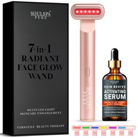 Soulspa Pure Face Massager 7 in 1 LED Red Light Wand for Face, Neck & Eye – Rose Gold with Activating Serum | Portable Skincare Device Rechargeable Beauty Tool