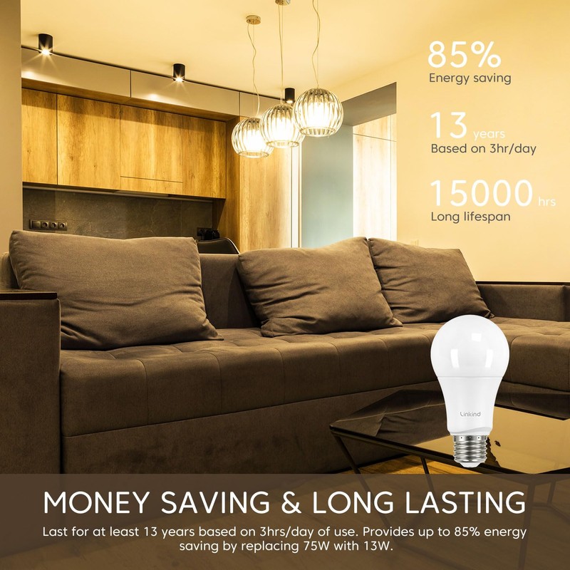 Linkind A19 LED Light Bulbs, 75 Watt Equivalent Dimmable Light